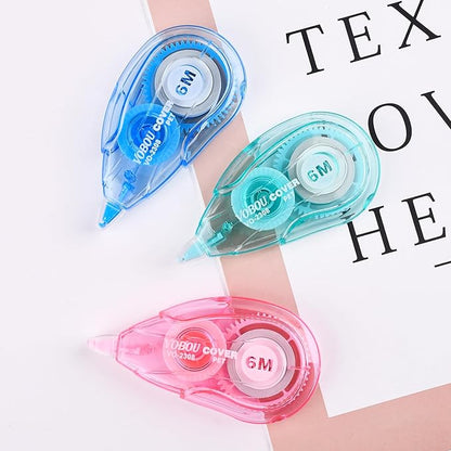 White Correction Tape, Easy To Use Applicator for Instant Corrections, For school, Office (Blue,Green,Pink, 12pack, 6M/256" x 0.2")