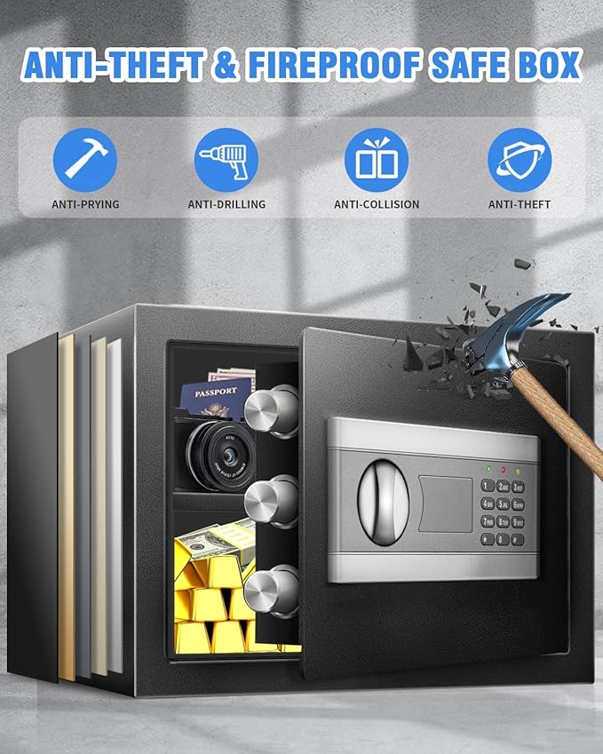 1.8 Cu Home Safe Box, Durable Digital Safe with Movable Partition, Smart Alarm, Silent Keypad Mode, and Motion Sensor Lights for Home, Office, Dorm, and Hotel Use