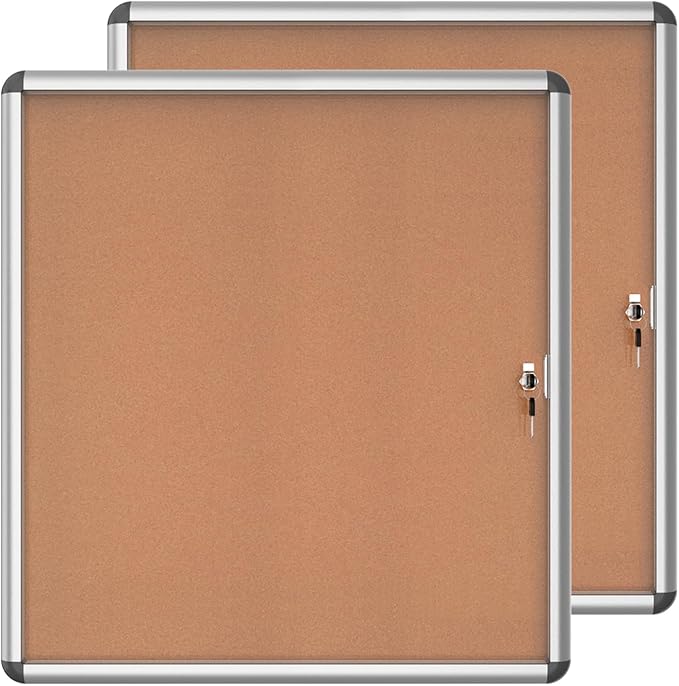 2 Pack 28"x26" Enclosed Bulletin Board, Lockable Weather-Resistant Aluminum Cork Noticeboard for School & Office, Silver Frame w/Cork