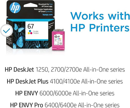 HP 67 Tri-color Ink Cartridge | Works with HP DeskJet 1255, 2700, 4100 Series, HP ENVY 6000, 6400 Series | Eligible for Instant Ink | 3YM55AN