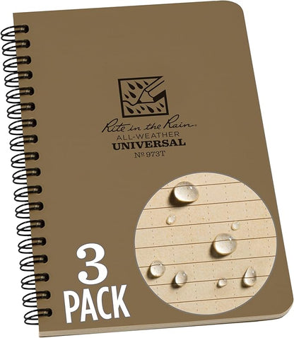 Rite in the Rain Weatherproof Side Spiral Notebook, 4.625" x 7", Tan Cover, Universal Pattern, 3 Pack (No. 973TL3)
