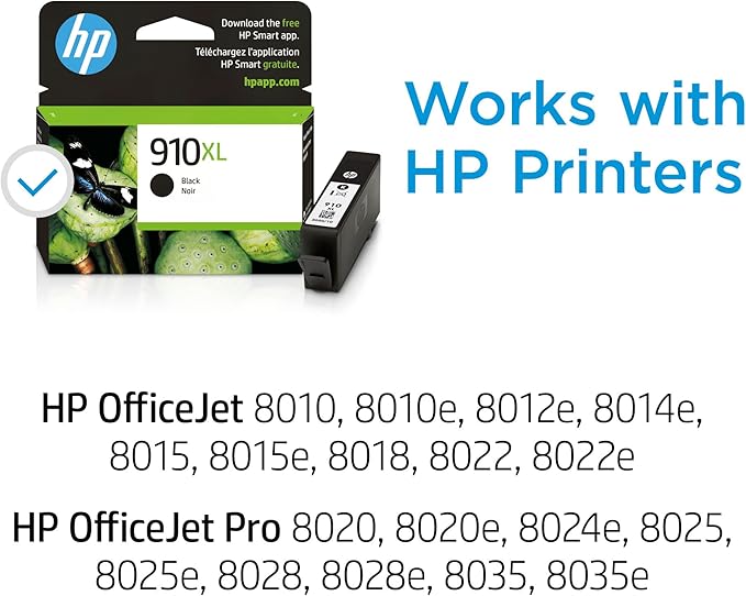 HP 910XL Black High-yield Ink Cartridge | Works with HP OfficeJet 8010, 8020 Series, HP OfficeJet Pro 8020, 8030 Series | Eligible for Instant Ink | 3YL65AN