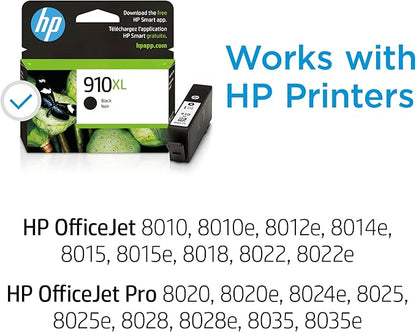 HP 910XL Black High-yield Ink Cartridge | Works with HP OfficeJet 8010, 8020 Series, HP OfficeJet Pro 8020, 8030 Series | Eligible for Instant Ink | 3YL65AN