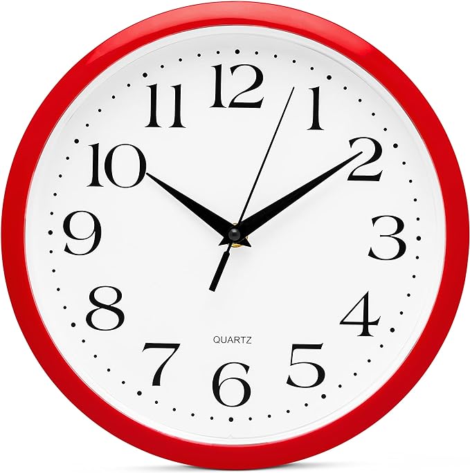 Bernhard Products Red Wall Clock Silent Non Ticking - 10 Inch Quality Quartz Battery Operated Round Easy to Read Home/Kitchen/Office/Classroom/School Clocks, Vintage Retro Red Frame Black Numbers