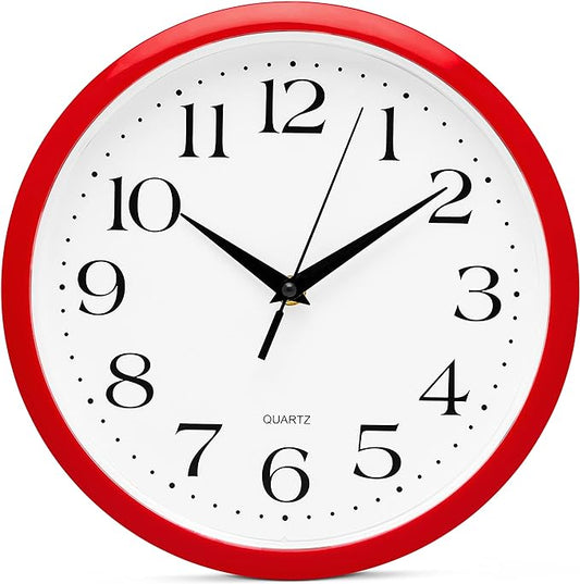 Bernhard Products Red Wall Clock Silent Non Ticking - 10 Inch Quality Quartz Battery Operated Round Easy to Read Home/Kitchen/Office/Classroom/School Clocks, Vintage Retro Red Frame Black Numbers