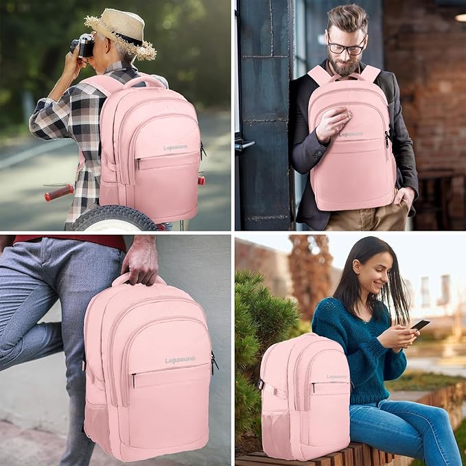 Lapsouno Extra Large Backpack, Carry on Backpack for Women, TSA 17.3 Inch Travel Laptop Backpack with USB Port,College School Business Backpack for Women, Light Pink