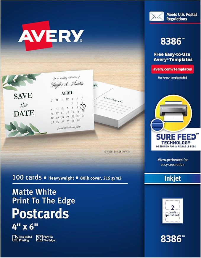 Avery Printable Postcards with Sure Feed Technology, 4" x 6", Matte White, 100 Blank Postcards for Inkjet Printers (8386)