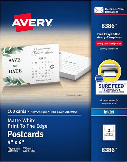 Avery Printable Postcards with Sure Feed Technology, 4" x 6", Matte White, 100 Blank Postcards for Inkjet Printers (8386)