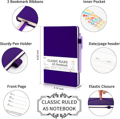 feela 3 Pack Notebooks Journals Bulk, Hardcover Notebook Classic Ruled Lined Journal Set with Pen Holder for Work Business Journaling Note Taking, with 3 Black Pens, 120 GSM, 5.1”x8.3”, A5, Purple