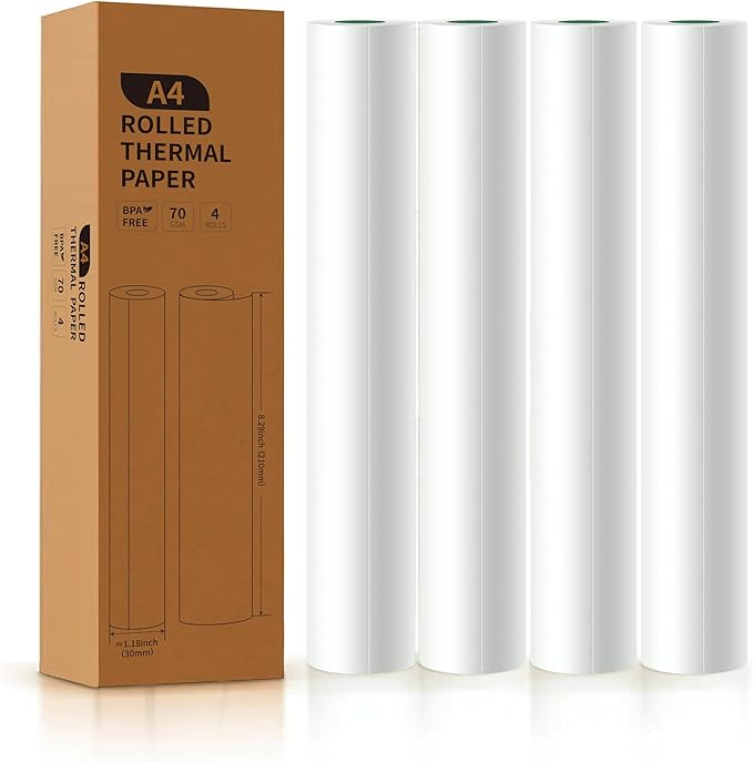 A4 Thermal Printer Paper 4 Roll, 8.3 inches Wide, Fax Paper, Compatible with PeriPage A40, M08F, MT810 and Other Portable Thermal Printers (4 Rolls | 8.3''x23')