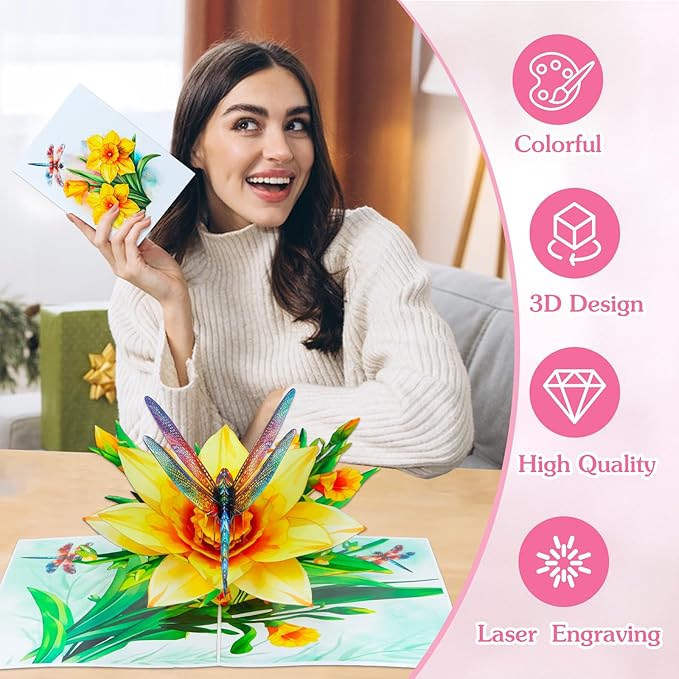 D4DREAM Dragonfly Gifts for Women - Daffodils Flower Dragonfly Pop Up Card 3D Birthday Card for Women Pop Up Mothers Day Cards with Envelope for Her Wife Mom Grandma