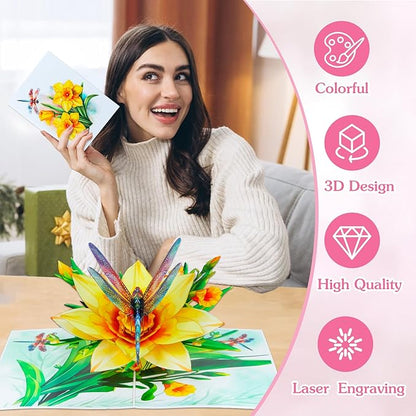 D4DREAM Dragonfly Gifts for Women - Daffodils Flower Dragonfly Pop Up Card 3D Birthday Card for Women Pop Up Mothers Day Cards with Envelope for Her Wife Mom Grandma