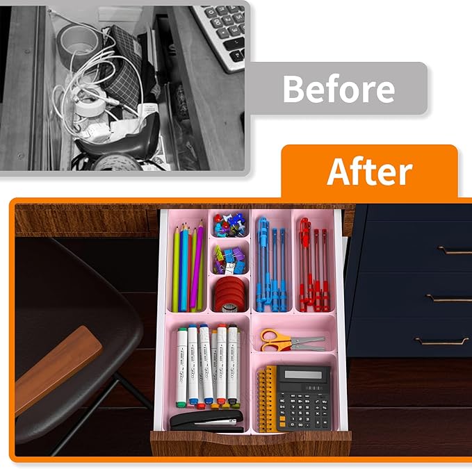 60 Pcs Plastic Drawer Organizer Set,5 Size Small Storage Containers for Organizing Jewelry,Utensil,Junk,Tea,Makeup,Shallow Drawer Organizers Tray Suitable for Office,Desk,Bathroom,Vanity,Kitchen,Pink