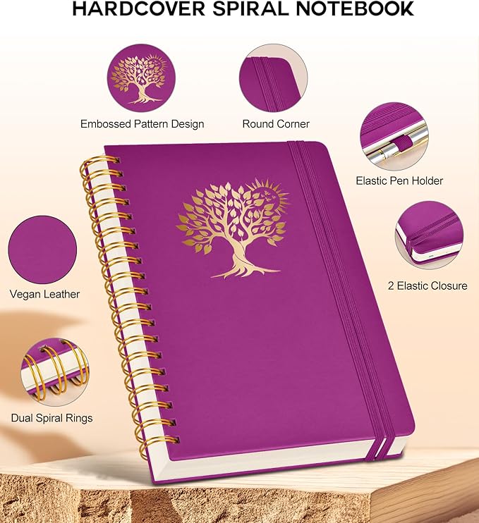 Spiral Notebook Journal for Women Men, 300 Numbered Lined Pages, College Ruled, A5 Hardcover Spiral Bound Notebook for School, Work, Note Taking Writing, Leather Spiral Journal Medium 5.9"x8.5"