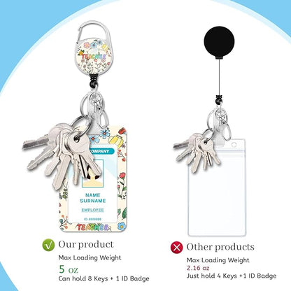 Teacher Lanyards for Id Badges, Cute Flower Floral Badge Holder with Retractable Reel Clip, Adjustable Work Name Tags Keychain Lanyard ID Card Protector Cover Case for Women Nurse Office