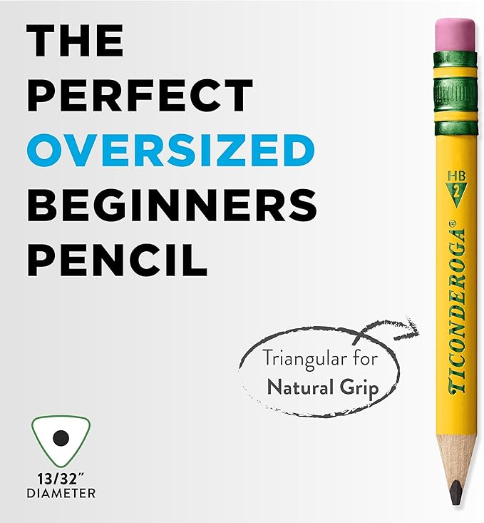 Ticonderoga My First Short Triangular Wood-Cased Pencils, #2 HB Soft, With Erasers, Yellow, 4 Count