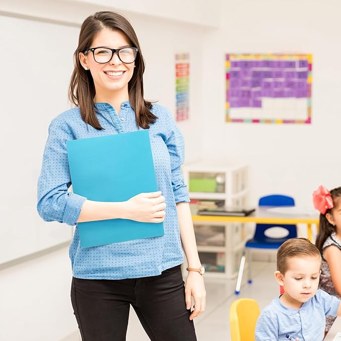 Harloon Lake Blue Two Pocket Portfolio Folders Bulk, 8.5 x 11 Inches Textured Paper with Business Card Slot Letter Size File Folders for Office School Classroom (75 Pack)