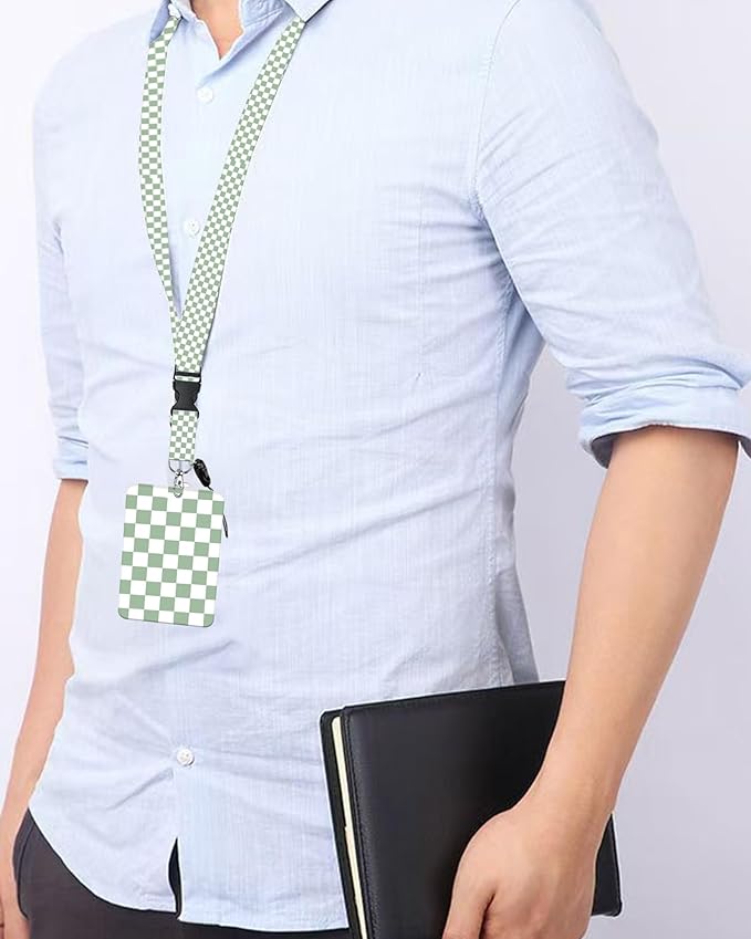 ID Badge Holder with Retractable Lanyard and Keychain, Badge Reel with Rotate Carabiner Clip,Sage Green Checkered Card Name Tag Lanyard ID Protector Bage Clips for Student, Women, Office