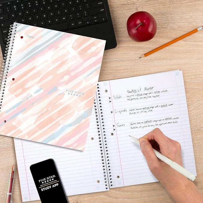 Five Star Spiral Notebook + Study App, 2 Pack, 1 Subject, Wide Ruled, 8" x 10-1/2", 80 Sheets, Pastels (930210F-ECM)