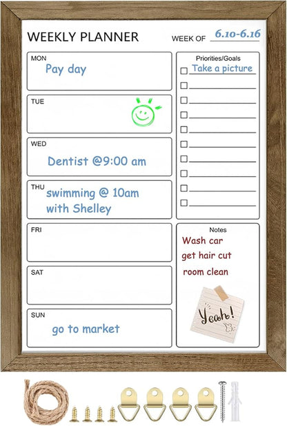 Dry Erase White Board Weekly Calendar Board, Magnetic Whiteboard for Wall,13“x17 Solid Wood Rustic Brown Framed Message Board, Planner Board for Office, Home, School(Weekly-BB-RB-3343)