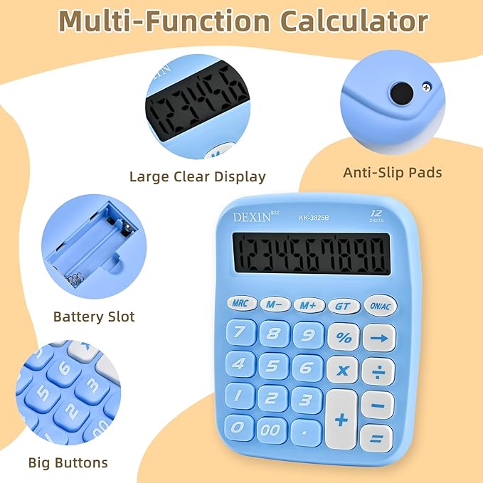 Cute Calculators Desktop, 12 Digit Basic Calculator with Big Buttons, Aesthetic Desk Accessories Large LCD for Office School Supplies (Azure)