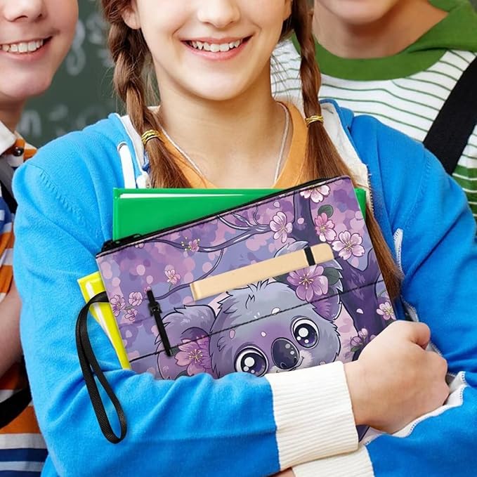COEQINE Cute Book Covers for Paperbacks Purple Flower Girls Book Cover Pouch with Cute Animal Koala Pattern Book Sleeves with Zipper 9x11 Inch