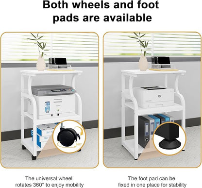Natwind 3 Tier Printer Stand,Printer Table with Adjustable Storage Shelf, Rolling Printer Cart with Wheels for Home Office Organization,Multifunctional Shelves for Heat Press,3D Printer (White)