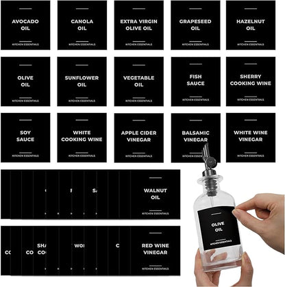 Olive Oil Labels for Glass Bottles - 2.5" x 2.5" Waterproof & Oil-Proof Kitchen PVC Sticker Labels for Oils, Vinegars, Sauces, Cooking Wines & Condiments - Minimalist Black, 39pcs