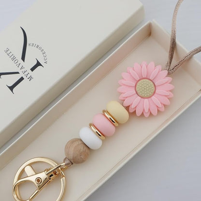 Flower Teacher Lanyards ID Badge and Key Chain, Cute Silicone Beads Lanyard for Women Nurse Work Student (Pink)