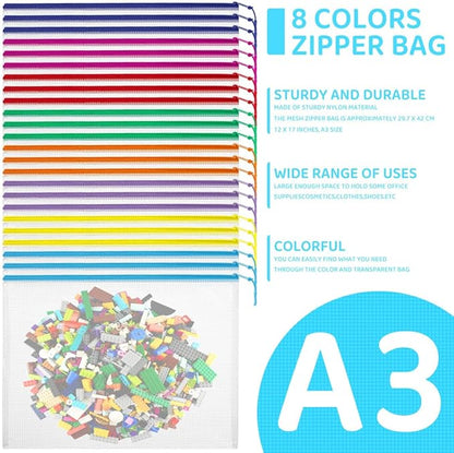 24pcs Mesh Zipper Pouch Bags, Large A3 17x12 Inches Reusable Zipper Bags Puzzle Storage 8 Colors Multipurpose for Board Games Travel Office Supplies and Home Organization