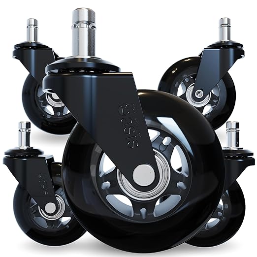 The Original Rollerblade Office Chair Wheels (As Seen On PBS) - Incredibly Smooth & Quiet Rolling Casters - Safe for Hardwood Floors & Carpet - Easy Installation with Universal Fit - Set of 5 - Black