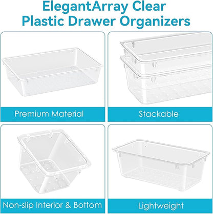 12-Piece Drawer Organizer Set, 4 Sizes Clear Plastic Makeup Vanity Organizer for Makeup, Stationery, Gadgets, Kitchen, Bathroom, Office, Bedroom