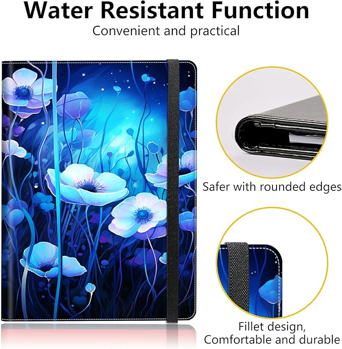 PU Leather Padfolio Clipboard Notepad with Pen Loop and Elastic Strap Interview/Resume Document Organizer for Business School Office,Blue Flowers