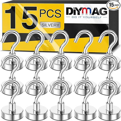 DIYMAG Magnetic Hooks, 30Lbs Strong Heavy Duty Cruise Magnet Hooks for Classroom, Fridge, Hanging, Cabins, Grill, Kitchen, Garage, Workplace and Office etc, (15 Pack-Silver)
