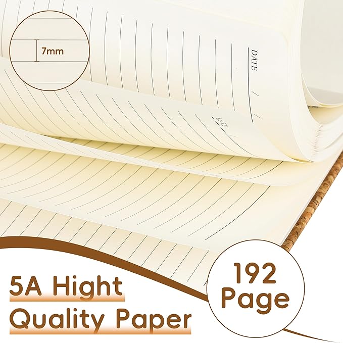 Lined Journal Notebook for Women Men, 192 Pages 100 GSM Thick Paper, Cork & Non-Woven Fabric Cover | Hardcover Journals for Writing, A5 College Ruled | Business, Work & School, 5.8"×8.5"(Cork-White)