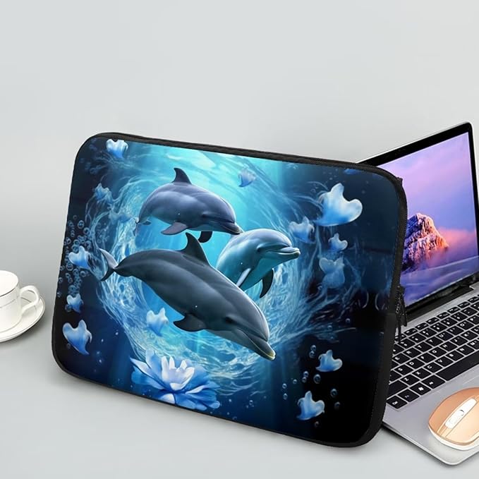 Dolphin Computer Sleeve for Women Men 10 inch Laptop Sleeve Durable Lap Top Case with Multiple Uses Tablet Bag Kawaii Animal Laptop Carrying Case Blue Flower Briefcase