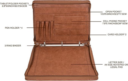AZXCG Padfolio for Women, 3 Ring Binder Business Portfolio, Vegan Leather Zipper Binder Portfolio Folio, Document Notebook Organizer with A4 Clipboard Folder, Gift for Men, Brown
