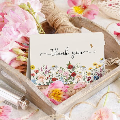 Artoid Mode 36 Pack Wildflower Thank You Cards Vintage Flower Greeting Cards Gift With Envelope Sticker Blank Note Cards for Birthday Wedding Baby Shower Bridal Shower, 4 x 6 Inch