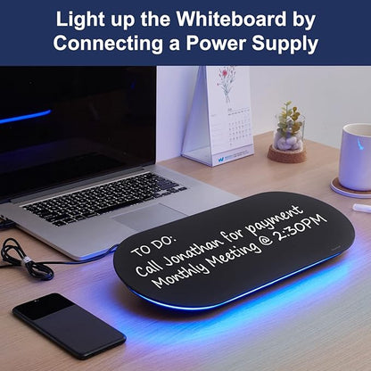 TSJ OFFICE Glass Desktop Whiteboard - 17 X 7 Inches Small Dry Erase Board with Blue Light, Glass White Board Surface Notepad with 1 Drawer, Desk Organizers for Office, Home, School Supplies (Black)