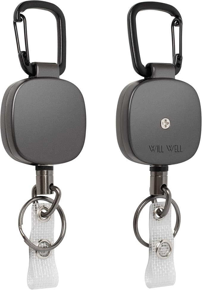 Will Well ID Badge Holder Reel with Clip and Keyring - Heavy-Duty All-Metal Casing with 27.5"UHMWPE Fiber Pull Cord for Durability and Easy Access, Holds up to 8 Keys - 2-Pack, Square, Matte Black