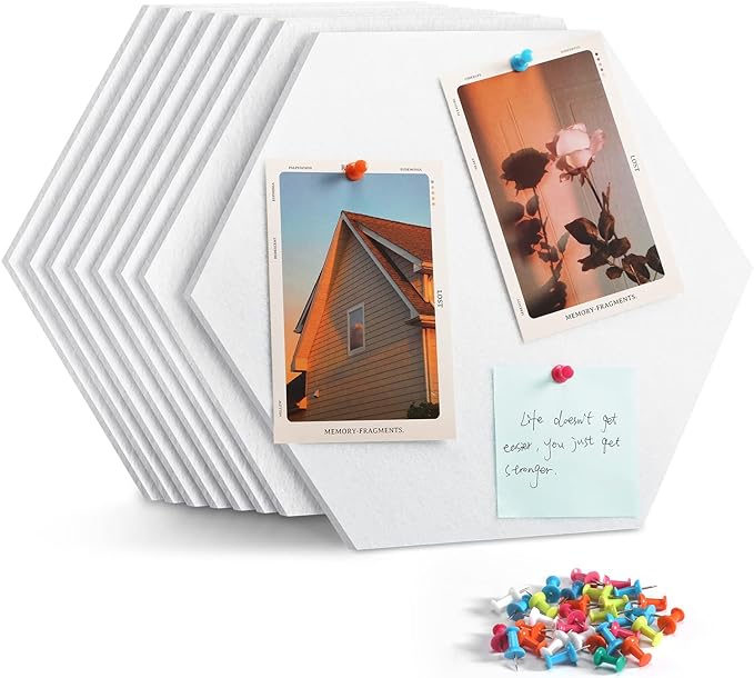 12" Large Bulletin Board with 30 Push Pins, Pack of 8 Hexagon Felt Pin Board Notice Boards for Home Office Kitchen, Felt Wall Tiles for Photos Memos