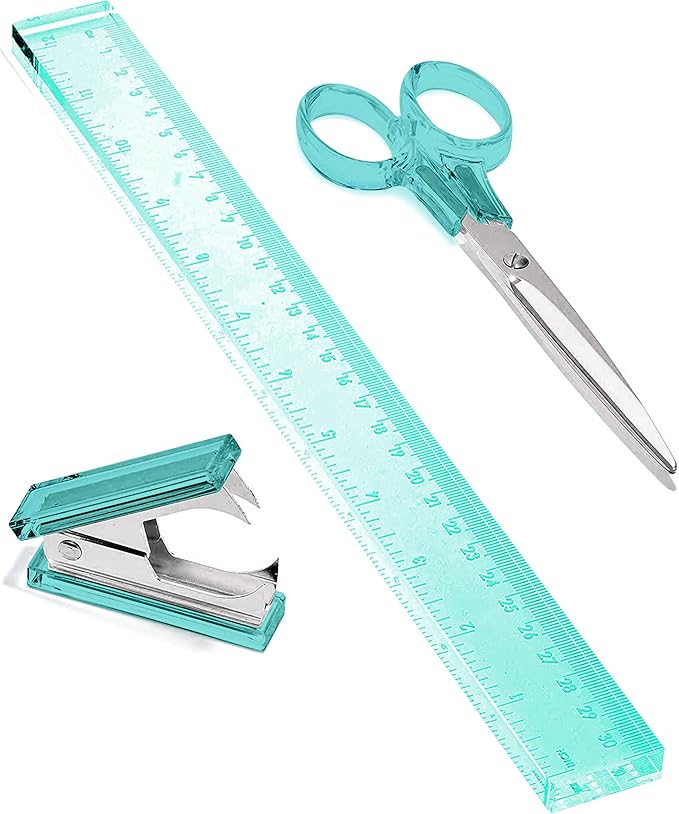OfficeGoods 3 Piece Acrylic Desk Set - Includes Ruler, Staple Remover, Scissors - Functional & Elegant Desk Accessories - Stationery Tools for Home, Office, and School - Green with Silver Metal