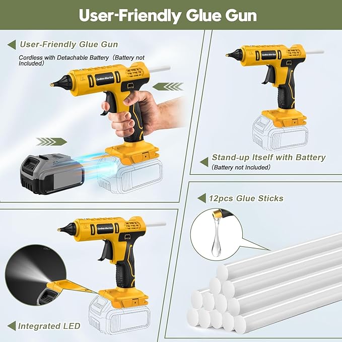 100W Cordless Hot Glue Gun for DeWalt 20V Battery(NO Battery), Full Size Hot Glue Gun Cordless & Rechargeable, Wireless Hot Glue Gun Kit with 12pcs 0.43'' Large Hot Glue Gun Stick Set for Craft & DIY