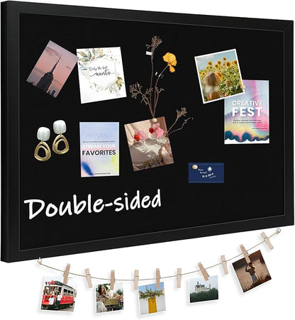 Large Cork Board Double-Sided Bulletin Board with Linen 36"x 24", Black Cork Boards for Walls Wood Frame Hanging Pin Board, Cork Board for Office Home School 1-Pack