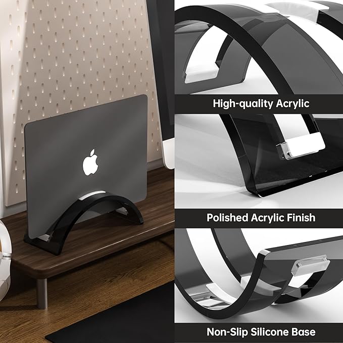 Black Acrylic Vertical Laptop Stand, Premium Transparent Desktop Notebook Dock, Space-Saving Vertical Laptop Holder for MacBook, IPAD, Book