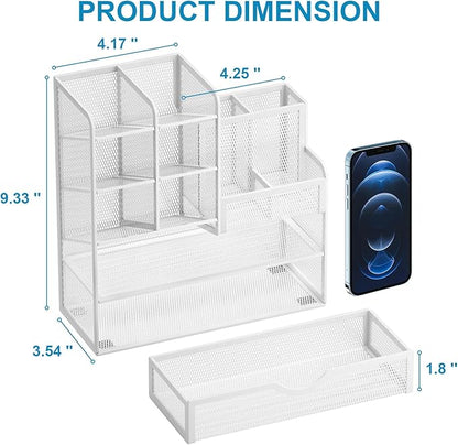 Marbrasse Mesh Pen Holder for Desk, Multi-Functional Pencil Organizer with Drawer, Desk Organizers and Accessories for Office Art Supplies (White)
