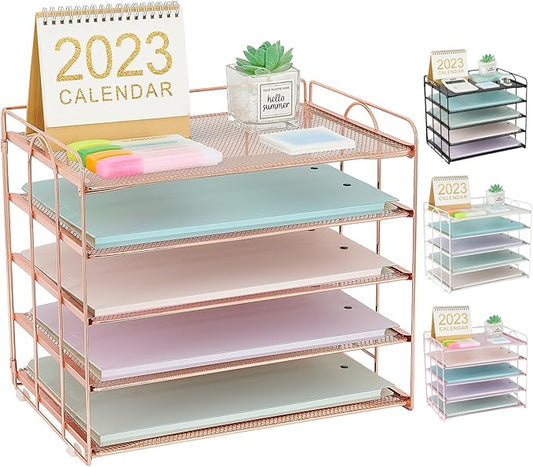 5 Tier Mesh Paper Letter Tray Organizer, Desktop Office Supplies Organizer for Desk, Desk Organizers and Accessories (Rose Gold)