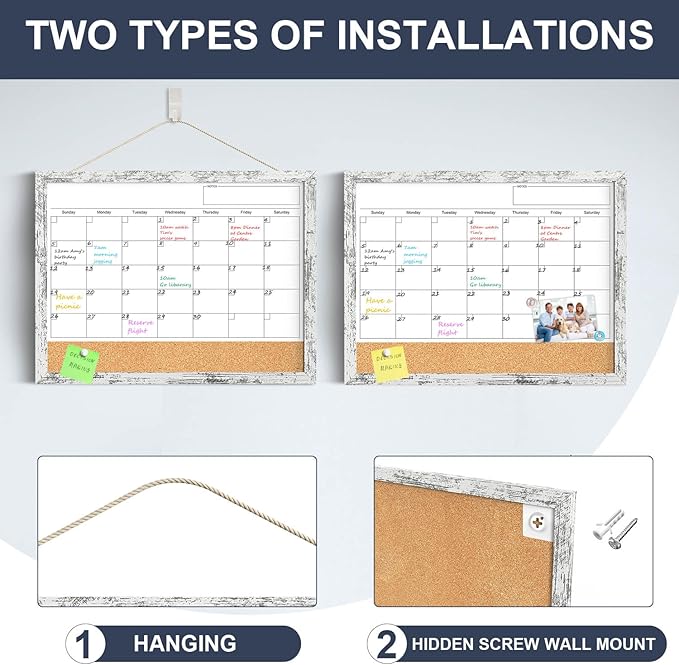 Dry Erase Calendar for Wall, 17"x13" Whiteboard Calendar Cork Board Combo, Magnetic White Board Monthly Calendar with Wood Framed, Hanging Dry Erase Board for Office Kitchen Home Planner Memo