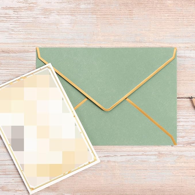 Homtable 50 Pack Sage Green A7 Envelopes 5 x 7 Self-Adhesive V Flap Envelopes with Gold Border for Office, Greeting Card, Wedding, Graduation, Baby Shower, Parties, Invitations (Sage Green, 5x7)