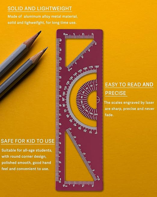 4-in-1 Geometry Set, Metal Math Ruler Kit- Aluminium Protractor, 2 Precision Triangles, Straight Edge Rule - Multifunctional Drafting& Measuring Small Ruler for Kids School - 6 in, Red